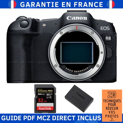 Canon EOS R8 + 1 SanDisk 32GB Extreme PRO UHS-II SDXC 300 MB/s + 1 Canon LP-E17 + Guide PDF MCZ DIRECT '20 TECHNIQUES POUR RÉUSSIR VOS PHOTOS'