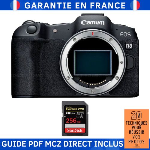 Canon EOS R8 + 1 SanDisk 256GB Extreme PRO UHS-II SDXC 300 MB/s + Guide PDF MCZ DIRECT '20 TECHNIQUES POUR RÉUSSIR VOS PHOTOS'