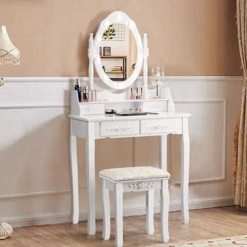 Costway Coiffeuse,Table De Maquillage Avec Miroir Oval Et 10 Ampoules Led À Intensité Variable 4 Tiroirs 1 Tabouret Blanche