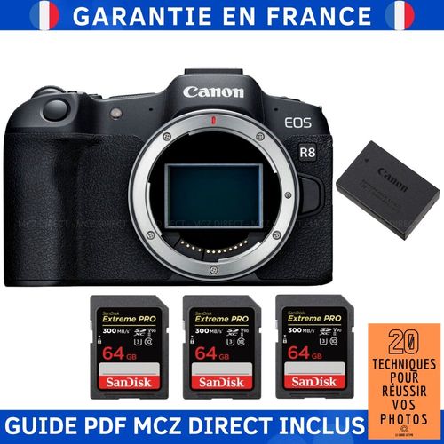 Canon EOS R8 + 3 SanDisk 64GB Extreme PRO UHS-II SDXC 300 MB/s + 1 Canon LP-E17 + Guide PDF MCZ DIRECT '20 TECHNIQUES POUR RÉUSSIR VOS PHOTOS'