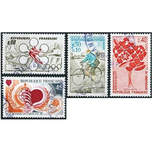 France 1972, Beaux Timbres Yvert 1705 Jeux Olympiques De Sapporo, 1710 Journée Du Timbre, Facteur Rural, 1711 Mois Mondial Du Coeur, 1716 Donneurs De Sang Bénévoles, Oblitérés, Tbe
