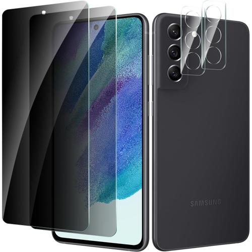 2 Pièces Protection Écran Verre Trempé Pour Samsung Galaxy S21 Fe 5g Anti-Espion Avec 2 Pièces Protecteur D'objectif De Camera Arrière, Vitre Protection Film Dureté 9h Glass, Anti Rayures