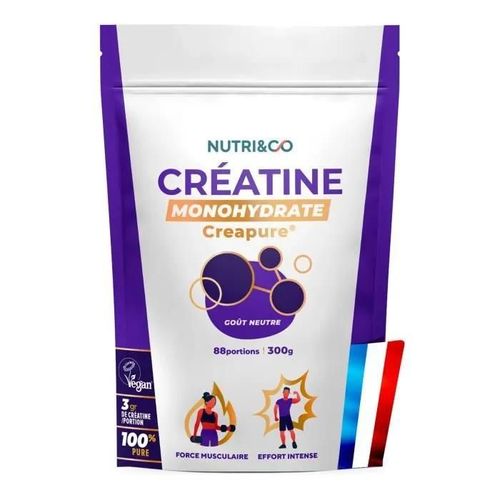 Créatine Monohydrate Creapure - Poudre 300g Goût Neutre - 88 Doses De Creatine Vegan Bio-Disponible - Nutri&co 