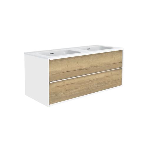 Meuble 120cm Chêne Halifax Naturel / Blanc Alp + Vasque Blanche