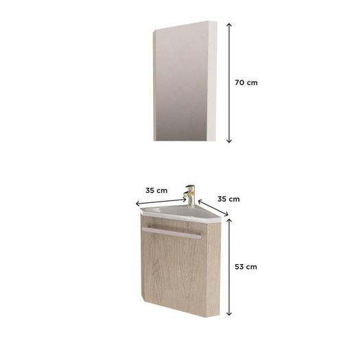 Ensemble Lave-Mains D'angle En Chêne + Vasque + Armoire De Toilette