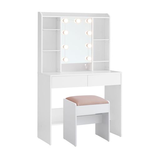 Coiffeuse Avec Miroir 2 Tiroirs Étagères Et Tabouret Rembourré Blanc
