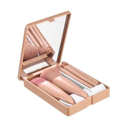 Ensemble De Pinceaux De Maquillage Avec Miroir Pour Femme, Mini Kit De Pinceaux De Maquillage, Outil De Pinceaux De Maquillage Professionnel, Manche En Bois Portable, 5 Pièces 