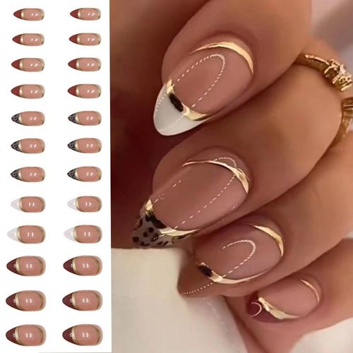 Faux Ongles Longs À Pression, 24 Pièces, Manucure Simple, Ligne Dorée Française 