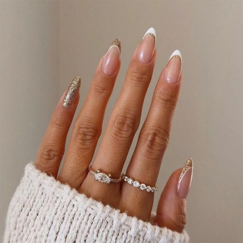 Faux-Ongles À Pression, 24 Pièces, Manucure, Simple, Ondulé, Faux Ongles, French, Longs, À Paillettes, Bord Blanc 