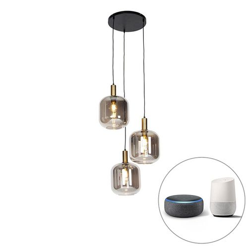 Qazqa Design Suspension / Lustre / Luminaire / Lumiere / ÃClairage Intelligente Noire Avec Verre Fumã© 3 Lumiã¿Res Avec Wifi A60 - Zuzanna /Acier Dorã©/Laiton,Noir Rond / Intã©Rieur / Salon...