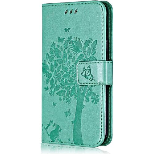 Coque Pour Samsung Galaxy S20 Plus, Etui En Cuir Pu Portefeuille, Antichoc Flip Case Housse Retro Emboss Serie De Chat Et Darbre Pour Samsung Galaxy S20 Plus - Vert