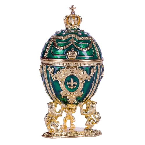 Oeuf à la Fabergé / boîte à bijoux avec des lions et couronne 7,5 cm, vert