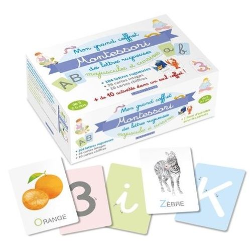 Mon Grand Coffret Montessori Des Lettres Rugueuses - Majuscules Et Cursives - Avec 104 Lettres Rugueuses, 26 Cartes Images, 10 Cartes Chiffrées + 10 Activités