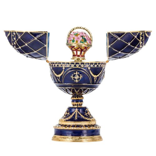 Oeuf à la Fabergé / boîte à musique / boîte à bijoux avec panier de fleurs 17 cm, bleu