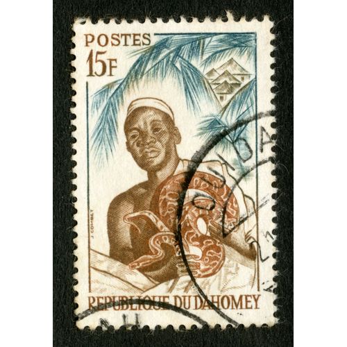 Timbre Oblitéré République Du Dahomay, Postes, 15 F, Combet