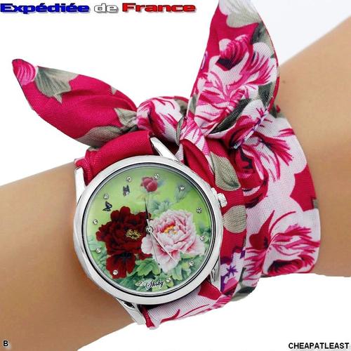 Montre Femme Bracelet Tissu Façon Foulard Noué À Motif Floral / Imprimé De Fleurs - Style Hippie Chic Bohème - Modèle B -