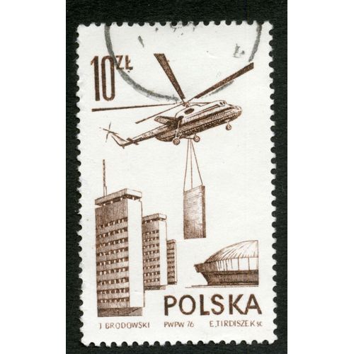 Timbre Oblitéré Polska, 10 Zl, Helikopter, Brodowski, Tirdiszek, 1976