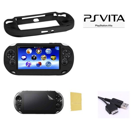 Pack 3 En 1 Sony Ps Vita 1000 : Etui Silicone Noir - Câble Chargeur Usb - Film Protection - Strasse Game