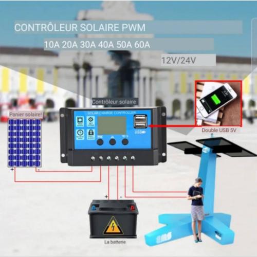 Contrôleur de charge PowMr PVM 30A pour batterie 12/24V avec écran LCD et ports USB