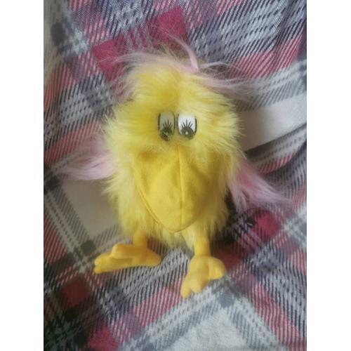 Peluche Marionnette Main Oiseau Pouet Poils Longs Jaune Rose Quick