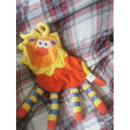 Peluche Doudou Range Pyjama Lion Rouge Orange Bleu Rayé Cp