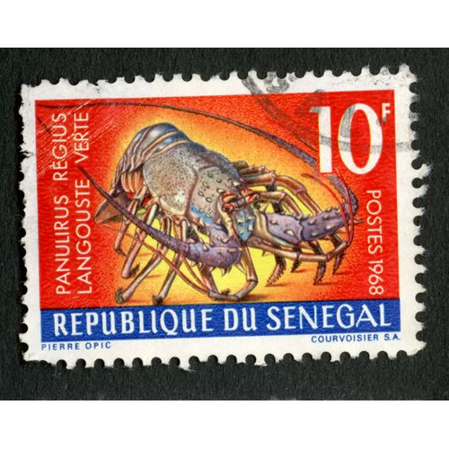 Timbre Oblitéré République Du Sénégal, Panulirus Regius, Langouste Verte, 10 F, Postes, 1968, Pierre Opic, Courvoisier