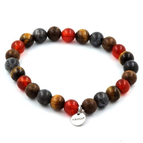 Bracelet Perles Oeil De Tigre + Labradorite + Agate Rouge + Bois 8 Fabriqué En France.