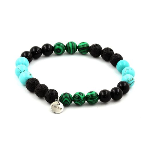 Bracelet Perles Malachite + Turquoise + Agate Noire + Lave 8 Mm. Fabriqué En France.