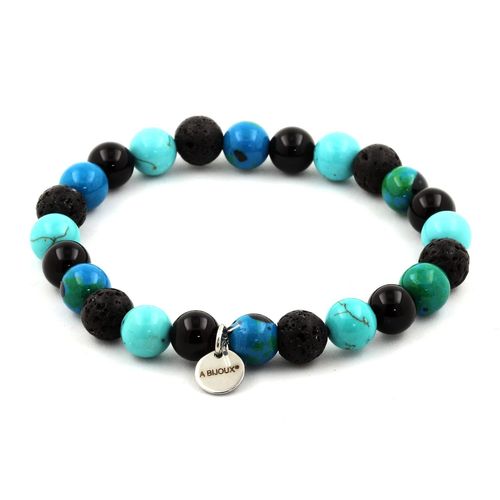 Bracelet Perles Chrysocolle + Agate Noire + Turquoise + Lave 8 Mm. Fabriqué En France.