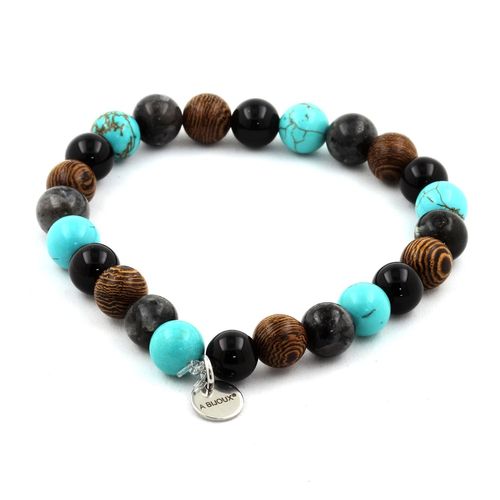 Bracelet Perles Labradorite + Agate Noire + Turquoise + Bois 8 Mm. Fabriqué En France.