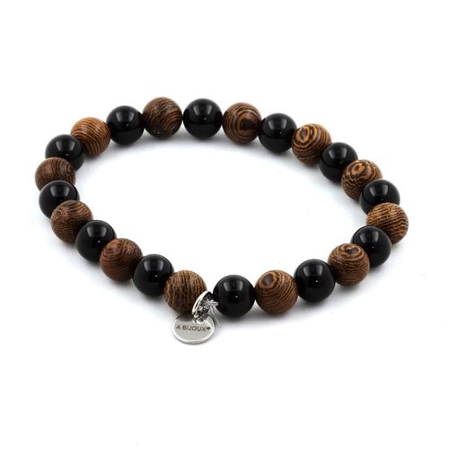 Bracelet Perles Agate Noire + Bois 8 Mm. Fabriqué En France.
