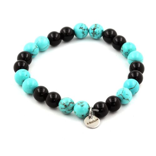 Bracelet Perles Turquoise + Agate Noire 8 Mm. Fabriqué En France.