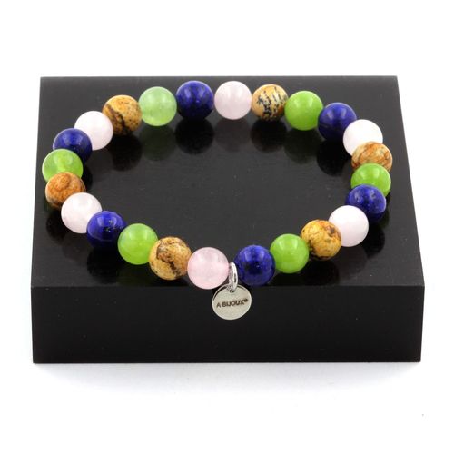 Bracelet Perles Lapis Lazuli + Jaspe Paysage + Péridot + Quartz Rose 8 Fabriqué En France.