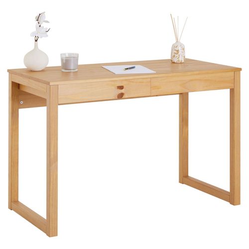 Bureau En Bois Avec 2 Tiroirs Noah, Design Scandinave, En Pin Massif Coloris Brun