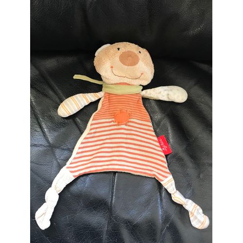 Doudou Plat Ourson Coton Bio Sigikid Rayé Orange Marron Écharpe Verte 30cm