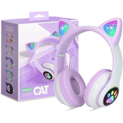 Casque Bluetooth pour Enfants sans Fil, Ecouteurs Bluetooth pour oreilles  de chat pour filles, Pliable Casque Audio Stéréo avec Lumières LED/Micro