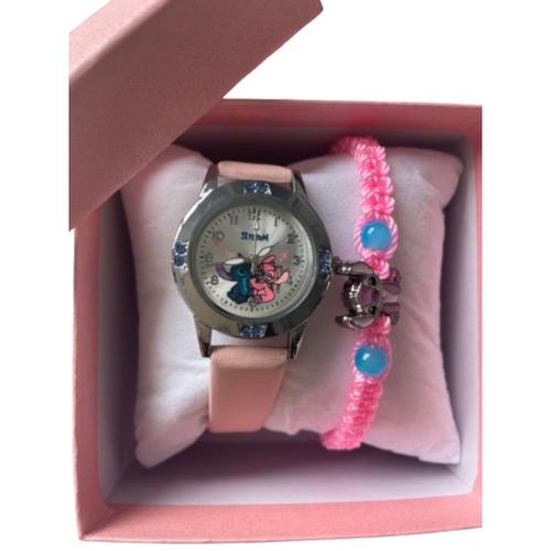 Coffret Montre Et Bracelet Disney Stitch & Angel Bracelet Cuir Rose (Taille Taille Unique,Couleur Rose)