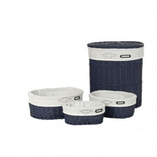 Ensemble Panier À Linge En Osier Bleu + 3 Corbeilles