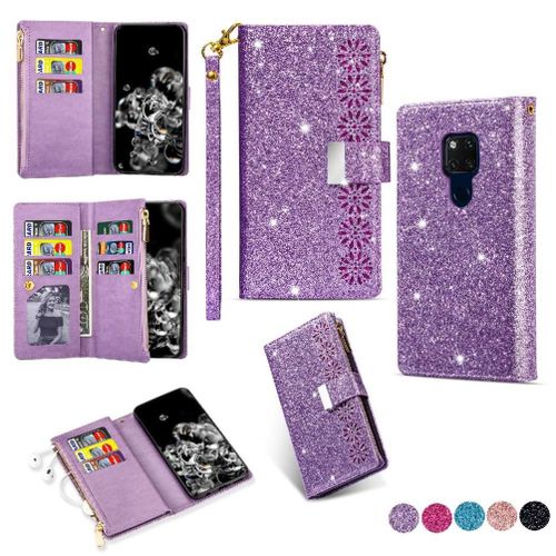 Portefeuille À Paillettes Étui Pour Huawei Mate 20 Poche À Fermeture Éclair Étui Portefeuille Sangle De Poignet Bicelle Magnétique Titulaire De La Carte - Violet