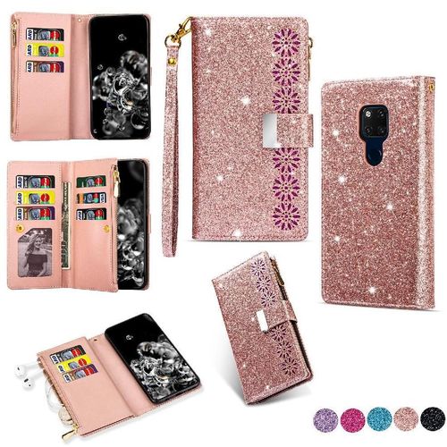 Portefeuille À Paillettes Étui Pour Huawei Mate 20 Poche À Fermeture Éclair Étui Portefeuille Sangle De Poignet Bicelle Magnétique Titulaire De La Carte - Couleur Or Rose