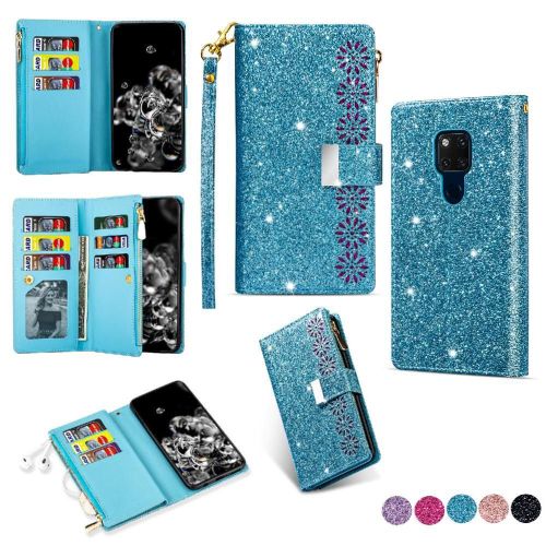Portefeuille À Paillettes Étui Pour Huawei Mate 20 Poche À Fermeture Éclair Étui Portefeuille Sangle De Poignet Bicelle Magnétique Titulaire De La Carte - Bleu Clair