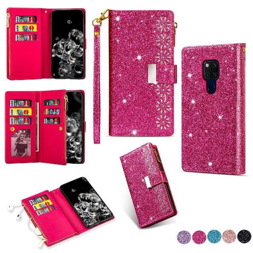Portefeuille À Paillettes Étui Pour Huawei Mate 20 Poche À Fermeture Éclair Étui Portefeuille Sangle De Poignet Bicelle Magnétique Titulaire De La Carte - Rose Rouge