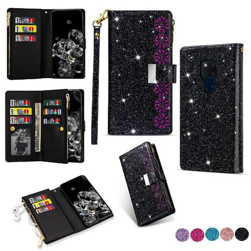 Portefeuille À Paillettes Étui Pour Huawei Mate 20 Poche À Fermeture Éclair Étui Portefeuille Sangle De Poignet Bicelle Magnétique Titulaire De La Carte - Noir