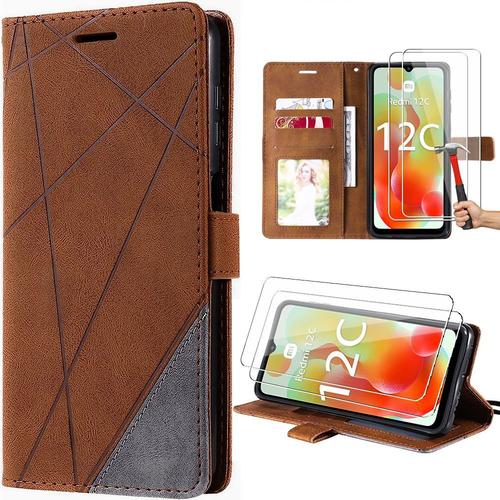 Coque Pour Xiaomi Redmi 12c / Redmi 11a + 2 Verres Trempés, Effet Cuir Antichoc Intégral Marron - E.F.Connection