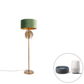 Qazqa Rustique Smart Vloerlamp Goud Met Kap Groen Incl. Wifi A60 - Botanica Acier /Tissu Vert,Doré/Laiton Oblongue / Luminaire / Lumiere / Éclairage / Intérieur / Salon E27 Max. 1 X 7 Watt