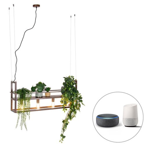 Qazqa Industriel Smart Hanglamp Roestbruin Met Rek Incl. 4 Wifi A60 - Cage Rack Acier Brun Rouille Oblongue / Luminaire / Lumiere / Éclairage / Intérieur / Salon / Cuisine E27 Max. 4 X 7...