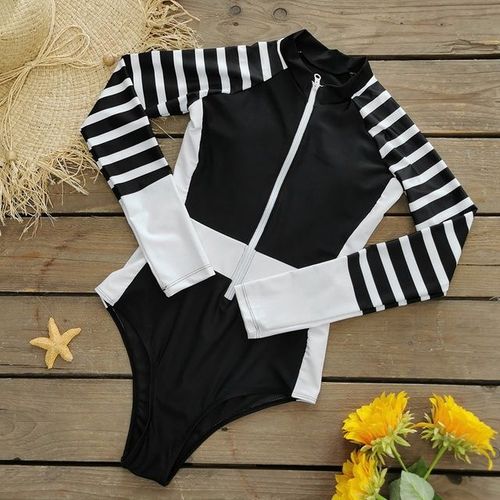 Maillot De Bain Une Pièce Patchwork Pour Femme,Manches Longues,Sport,Dos Nu,Natation,Vêtements De Plage Trempés,Baigneur,Surf