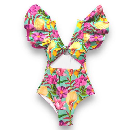 Maillot De Bain Une Pièce En Dentelle,Sexy,Col En V,Imprimé,À Volants,Rembourré,Bandage,Vêtements De Plage,2023