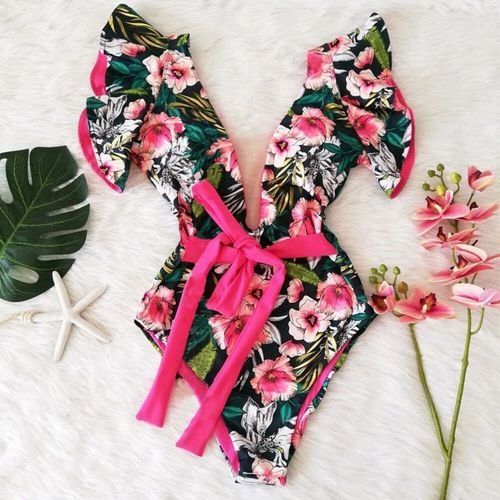 Maillot De Bain Une Pièce En Dentelle,Sexy,Col En V,Imprimé,À Volants,Rembourré,Bandage,Vêtements De Plage,2023