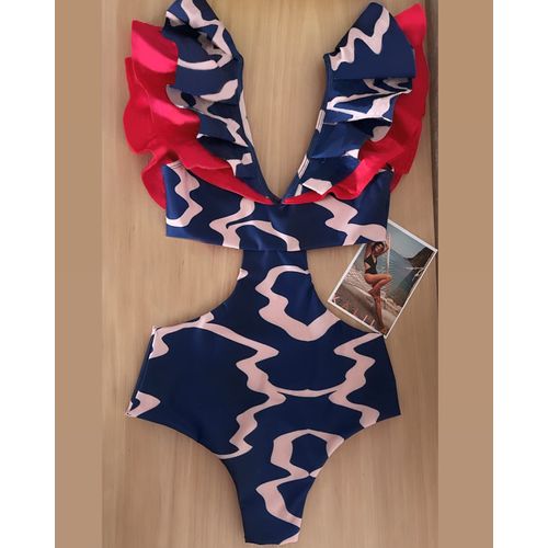 Maillot De Bain Une Pièce En Dentelle,Sexy,Col En V,Imprimé,À Volants,Rembourré,Bandage,Vêtements De Plage,2023